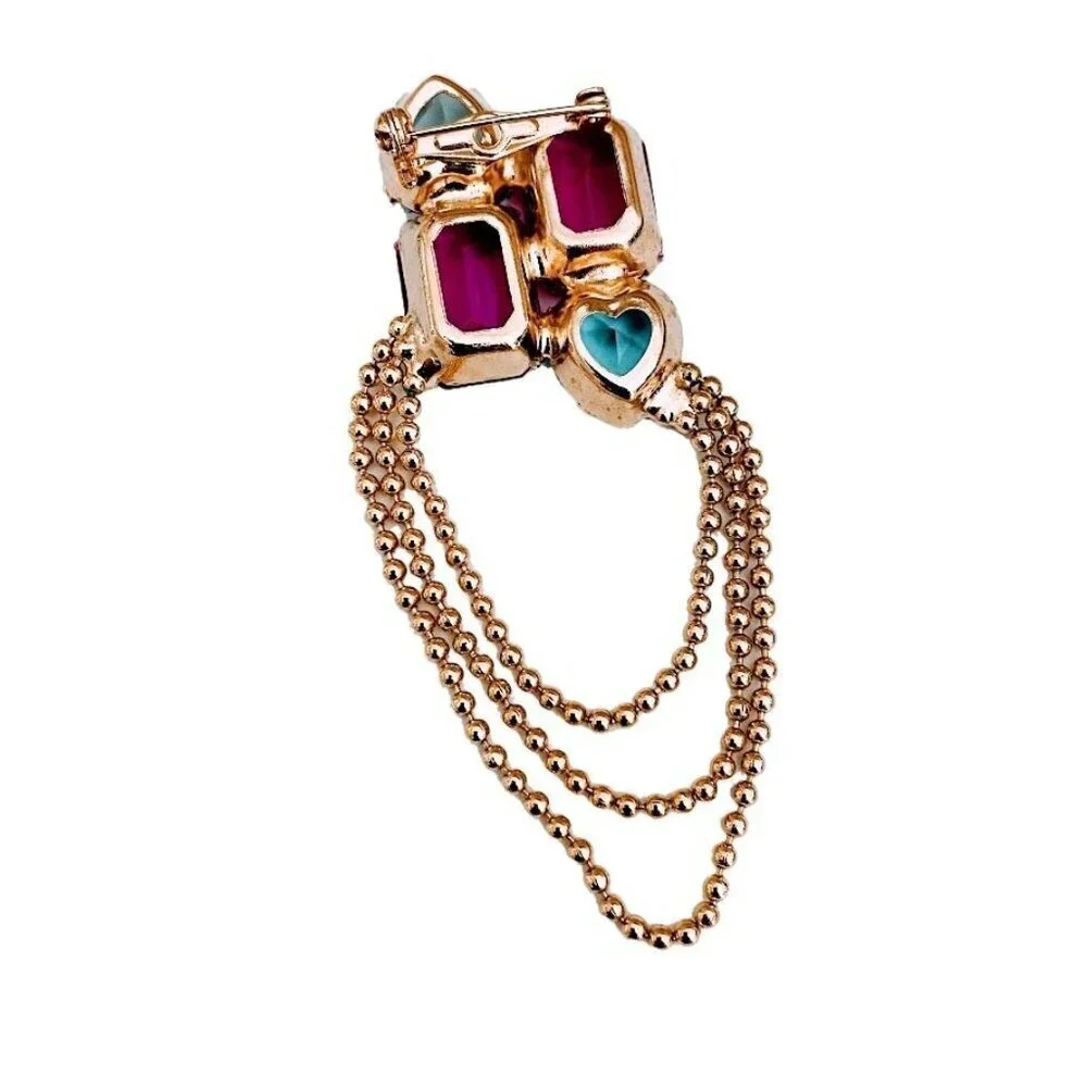 Vintage Gold-Tone Brooch With Pink & Blue Gemstones And Chain Drape Detail
